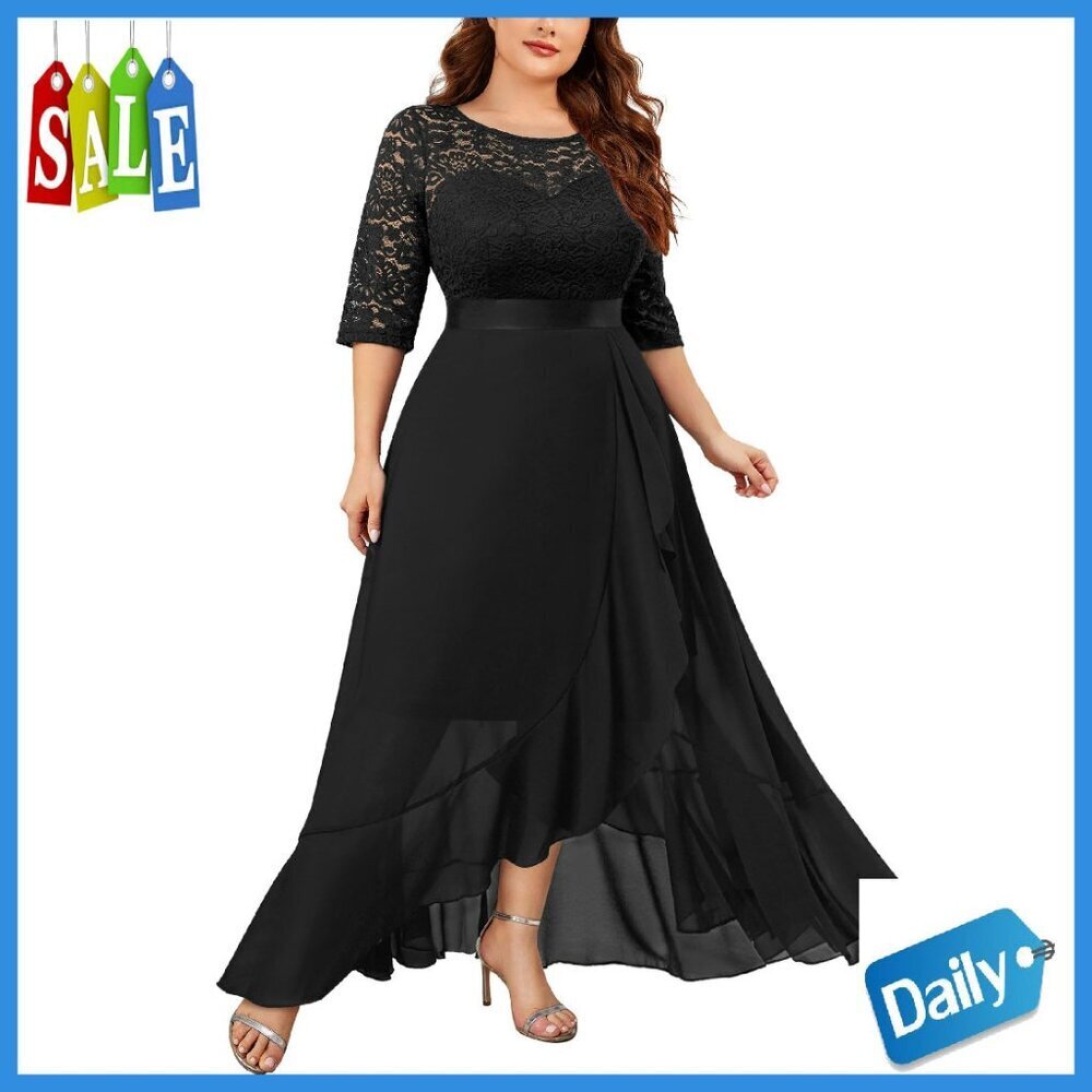 Plus Size Floral Lace Maxi Dress Formal Evening Gown Ruffle Hem